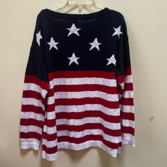 Talbots NEW Stars Stripes Linen Cotton Sweater USA Lightweight Knit Crew Slits M - Picture 3 of 16